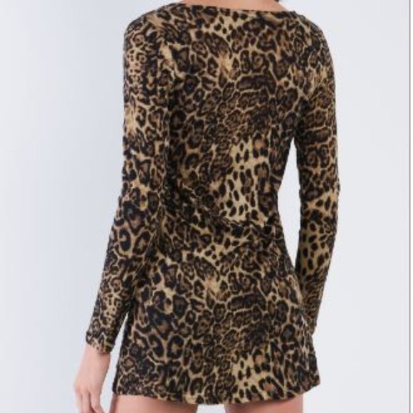 -#36 Leopard Print Long Sleeve Button Down Mini Dress Top - Picture 5 of 5